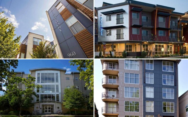 Montage image showing the exteriors of The Pearl, The Anthony, The Westgate, and The Sonja student housing properties in Eugene, OR